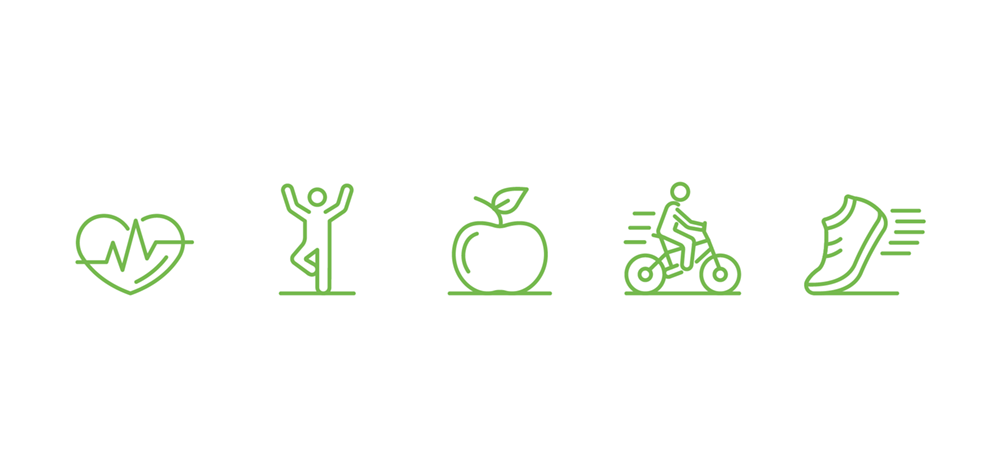 Fünf grüne Icons: Herzschlag, springender Mensch, Apfel, Fahrradfahrer, Laufschuh